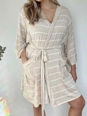 Nurtured 9 Maternity Robe -- Oatmeal and Cream Stripe